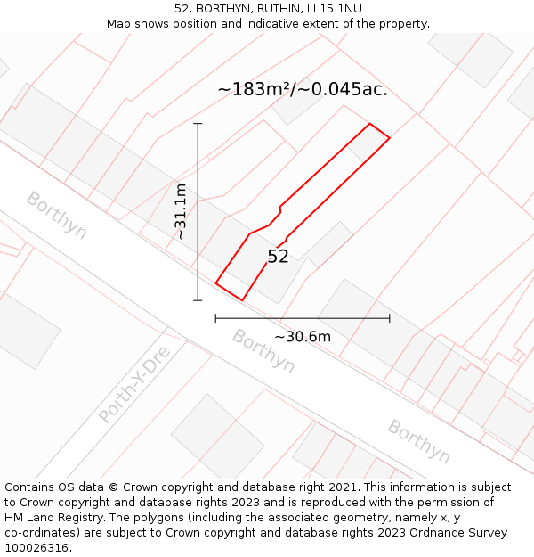 52, BORTHYN, RUTHIN, LL15 1NU: Plot and title map
