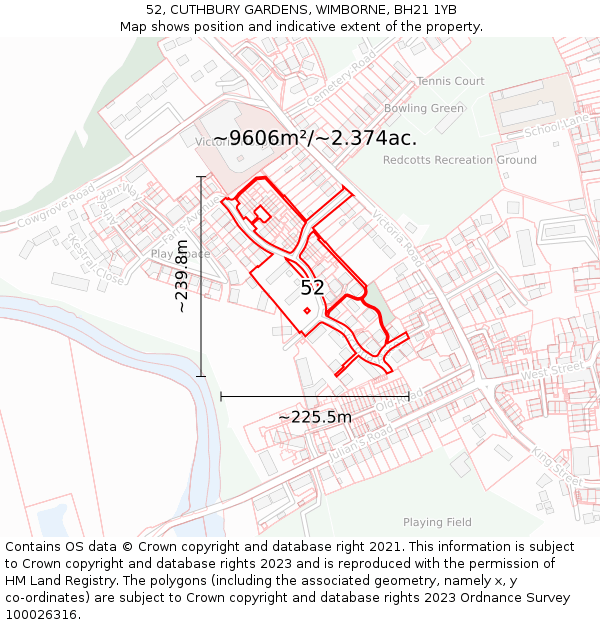 52, CUTHBURY GARDENS, WIMBORNE, BH21 1YB: Plot and title map