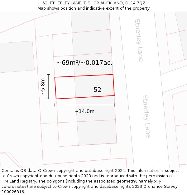 52, ETHERLEY LANE, BISHOP AUCKLAND, DL14 7QZ: Plot and title map
