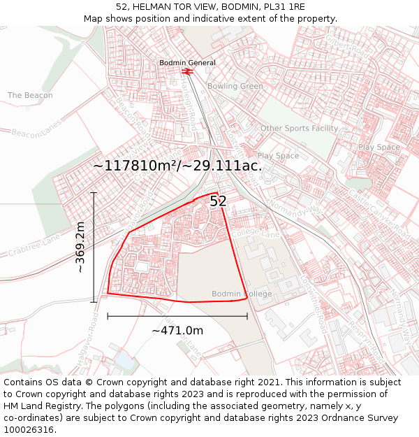 52, HELMAN TOR VIEW, BODMIN, PL31 1RE: Plot and title map