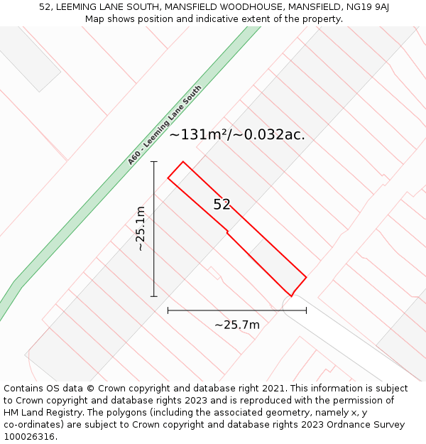 52, LEEMING LANE SOUTH, MANSFIELD WOODHOUSE, MANSFIELD, NG19 9AJ: Plot and title map