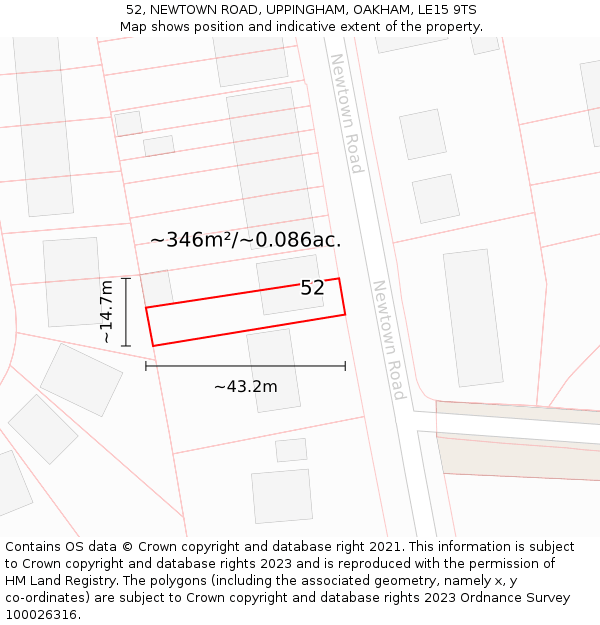 52, NEWTOWN ROAD, UPPINGHAM, OAKHAM, LE15 9TS: Plot and title map
