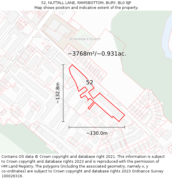 52, NUTTALL LANE, RAMSBOTTOM, BURY, BL0 9JP: Plot and title map