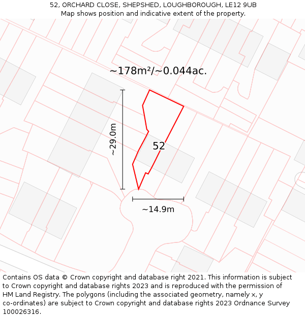 52, ORCHARD CLOSE, SHEPSHED, LOUGHBOROUGH, LE12 9UB: Plot and title map