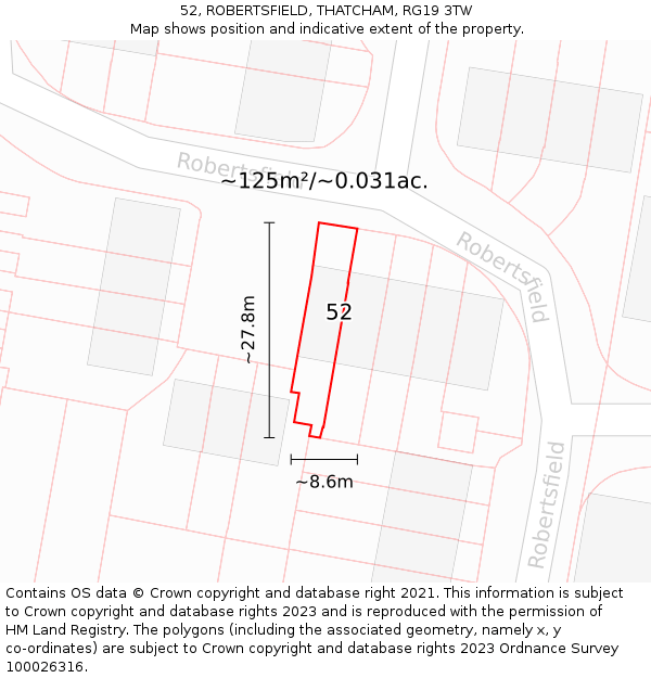 52, ROBERTSFIELD, THATCHAM, RG19 3TW: Plot and title map