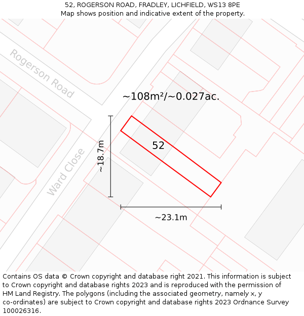 52, ROGERSON ROAD, FRADLEY, LICHFIELD, WS13 8PE: Plot and title map
