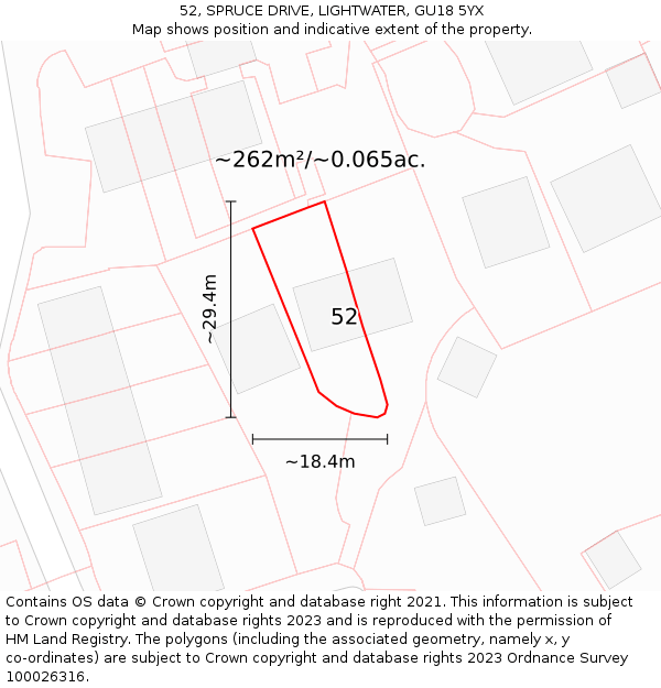 52, SPRUCE DRIVE, LIGHTWATER, GU18 5YX: Plot and title map