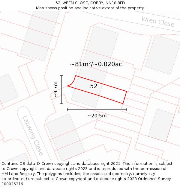 52, WREN CLOSE, CORBY, NN18 8FD: Plot and title map