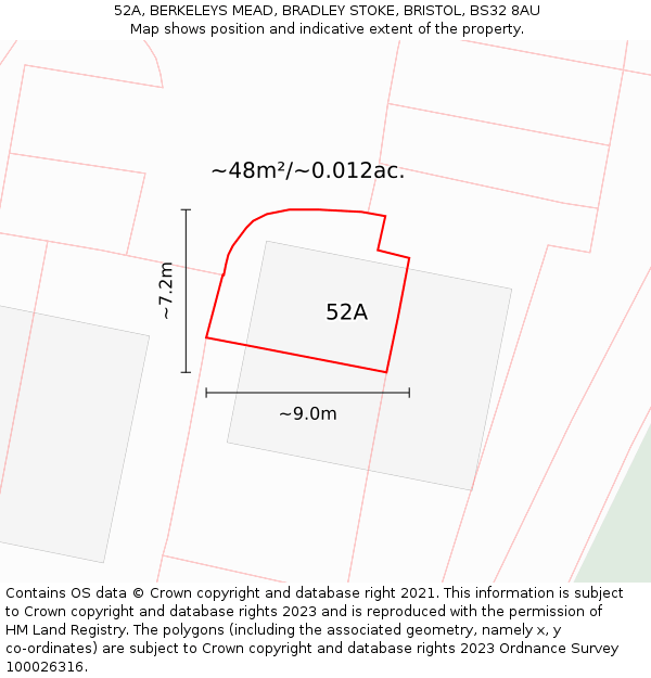 52A, BERKELEYS MEAD, BRADLEY STOKE, BRISTOL, BS32 8AU: Plot and title map