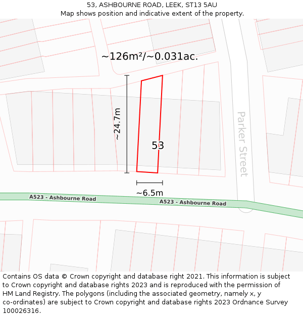 53, ASHBOURNE ROAD, LEEK, ST13 5AU: Plot and title map