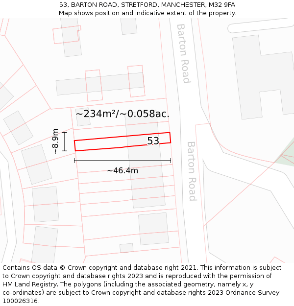 53, BARTON ROAD, STRETFORD, MANCHESTER, M32 9FA: Plot and title map
