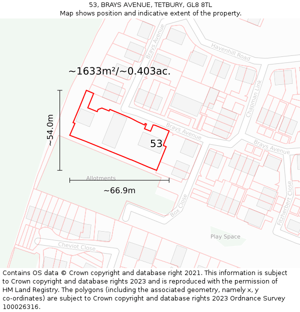 53, BRAYS AVENUE, TETBURY, GL8 8TL: Plot and title map