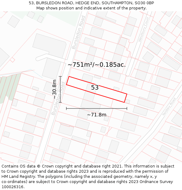 53, BURSLEDON ROAD, HEDGE END, SOUTHAMPTON, SO30 0BP: Plot and title map