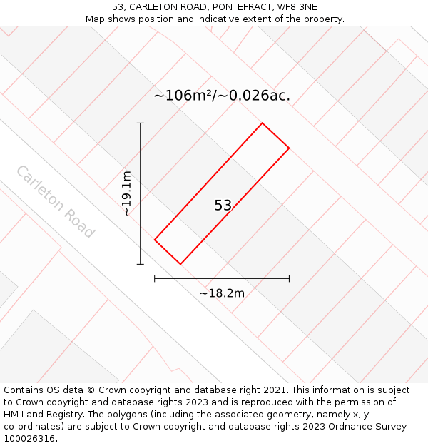 53, CARLETON ROAD, PONTEFRACT, WF8 3NE: Plot and title map