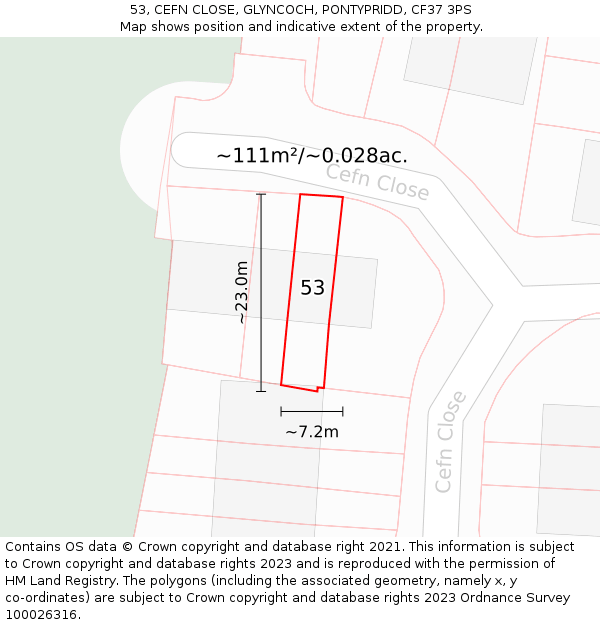 53, CEFN CLOSE, GLYNCOCH, PONTYPRIDD, CF37 3PS: Plot and title map