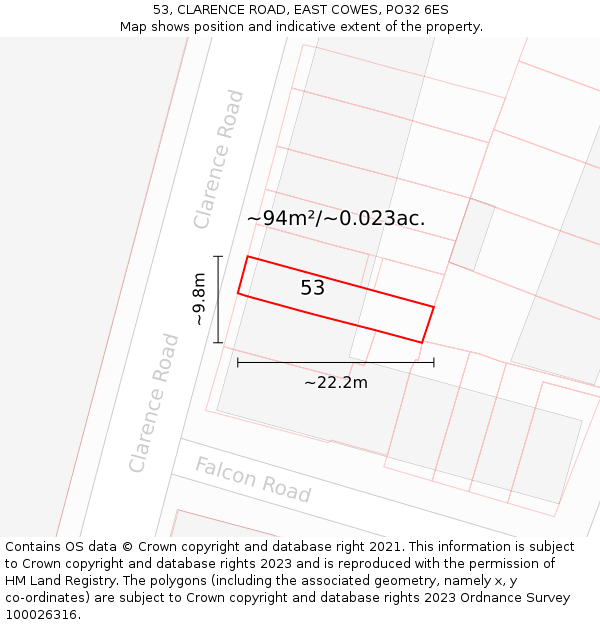 53, CLARENCE ROAD, EAST COWES, PO32 6ES: Plot and title map
