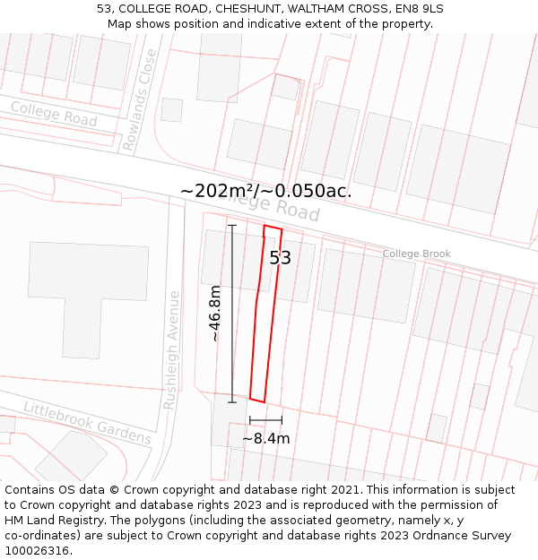 53, COLLEGE ROAD, CHESHUNT, WALTHAM CROSS, EN8 9LS: Plot and title map