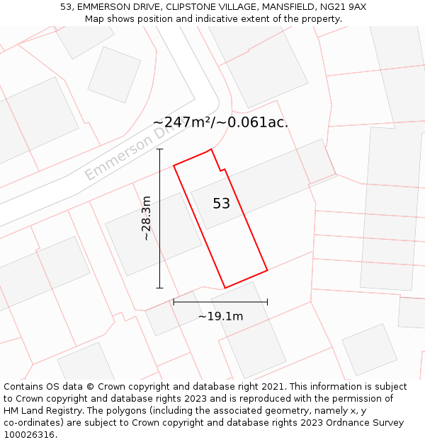 53, EMMERSON DRIVE, CLIPSTONE VILLAGE, MANSFIELD, NG21 9AX: Plot and title map
