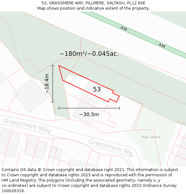 53, GRASSMERE WAY, PILLMERE, SALTASH, PL12 6XE: Plot and title map
