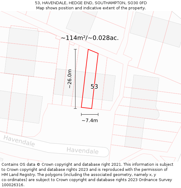53, HAVENDALE, HEDGE END, SOUTHAMPTON, SO30 0FD: Plot and title map