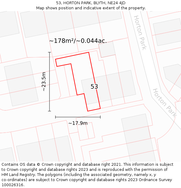 53, HORTON PARK, BLYTH, NE24 4JD: Plot and title map
