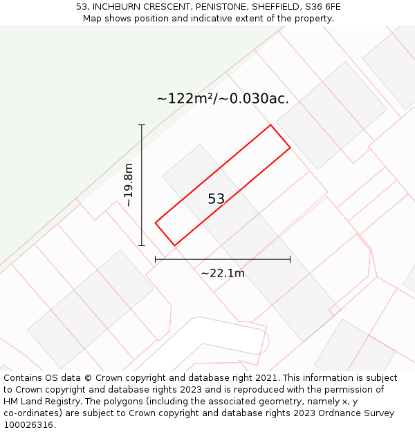 53, INCHBURN CRESCENT, PENISTONE, SHEFFIELD, S36 6FE: Plot and title map
