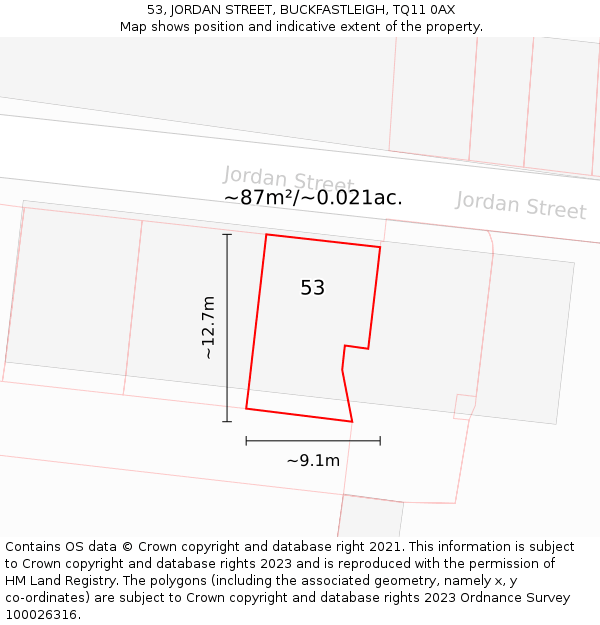 53, JORDAN STREET, BUCKFASTLEIGH, TQ11 0AX: Plot and title map