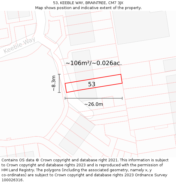 53, KEEBLE WAY, BRAINTREE, CM7 3JX: Plot and title map