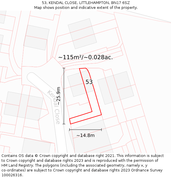 53, KENDAL CLOSE, LITTLEHAMPTON, BN17 6SZ: Plot and title map
