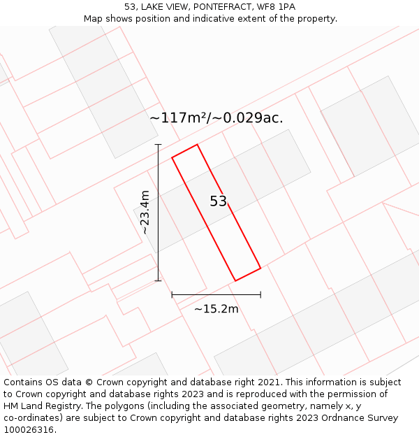 53, LAKE VIEW, PONTEFRACT, WF8 1PA: Plot and title map
