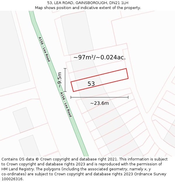 53, LEA ROAD, GAINSBOROUGH, DN21 1LH: Plot and title map