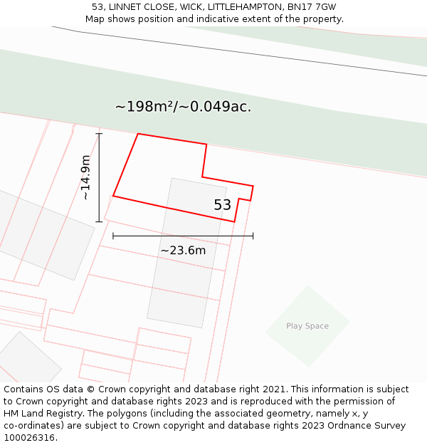 53, LINNET CLOSE, WICK, LITTLEHAMPTON, BN17 7GW: Plot and title map