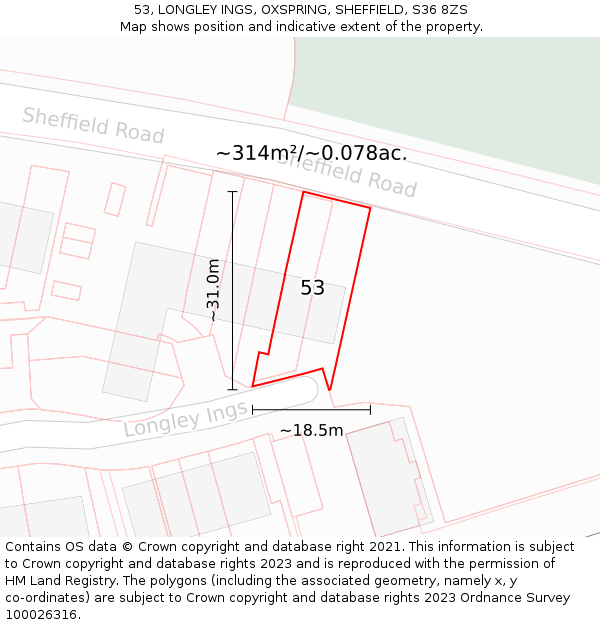 53, LONGLEY INGS, OXSPRING, SHEFFIELD, S36 8ZS: Plot and title map