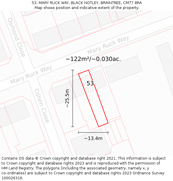 53, MARY RUCK WAY, BLACK NOTLEY, BRAINTREE, CM77 8RA: Plot and title map