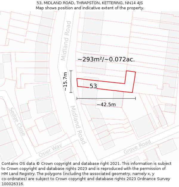 53, MIDLAND ROAD, THRAPSTON, KETTERING, NN14 4JS: Plot and title map