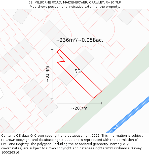 53, MILBORNE ROAD, MAIDENBOWER, CRAWLEY, RH10 7LP: Plot and title map