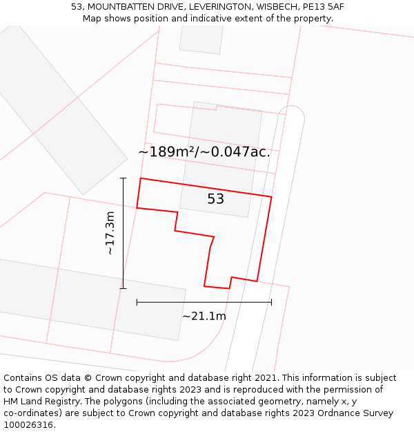 53, MOUNTBATTEN DRIVE, LEVERINGTON, WISBECH, PE13 5AF: Plot and title map