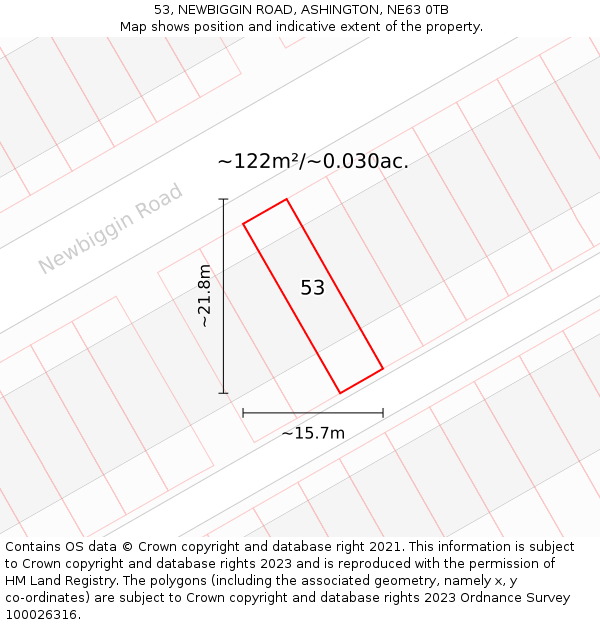 53, NEWBIGGIN ROAD, ASHINGTON, NE63 0TB: Plot and title map