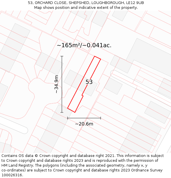 53, ORCHARD CLOSE, SHEPSHED, LOUGHBOROUGH, LE12 9UB: Plot and title map