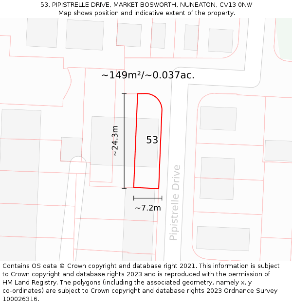 53, PIPISTRELLE DRIVE, MARKET BOSWORTH, NUNEATON, CV13 0NW: Plot and title map