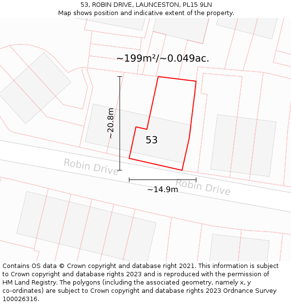 53, ROBIN DRIVE, LAUNCESTON, PL15 9LN: Plot and title map