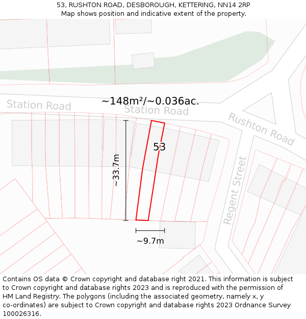 53, RUSHTON ROAD, DESBOROUGH, KETTERING, NN14 2RP: Plot and title map