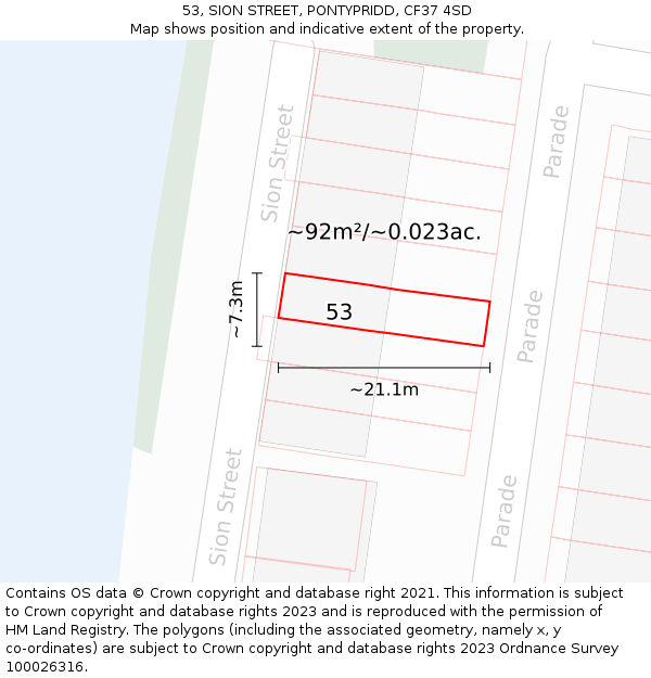 53, SION STREET, PONTYPRIDD, CF37 4SD: Plot and title map