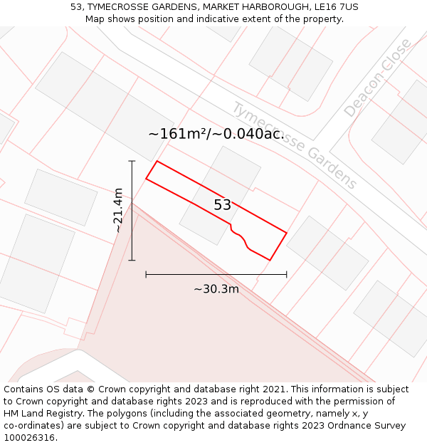 53, TYMECROSSE GARDENS, MARKET HARBOROUGH, LE16 7US: Plot and title map