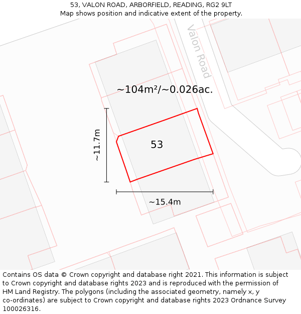53, VALON ROAD, ARBORFIELD, READING, RG2 9LT: Plot and title map