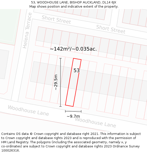 53, WOODHOUSE LANE, BISHOP AUCKLAND, DL14 6JX: Plot and title map