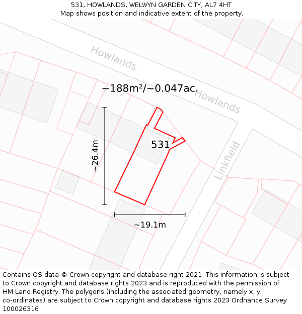 531, HOWLANDS, WELWYN GARDEN CITY, AL7 4HT: Plot and title map