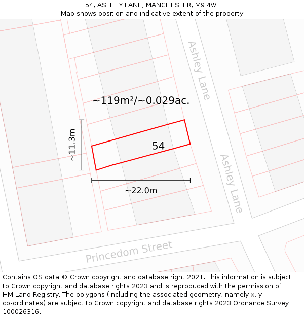 54, ASHLEY LANE, MANCHESTER, M9 4WT: Plot and title map