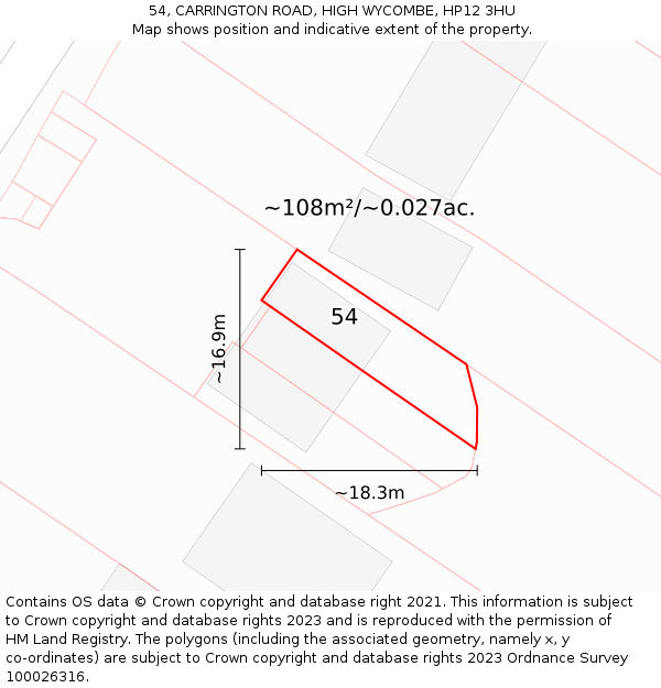 54, CARRINGTON ROAD, HIGH WYCOMBE, HP12 3HU: Plot and title map