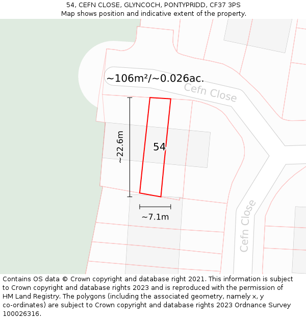 54, CEFN CLOSE, GLYNCOCH, PONTYPRIDD, CF37 3PS: Plot and title map